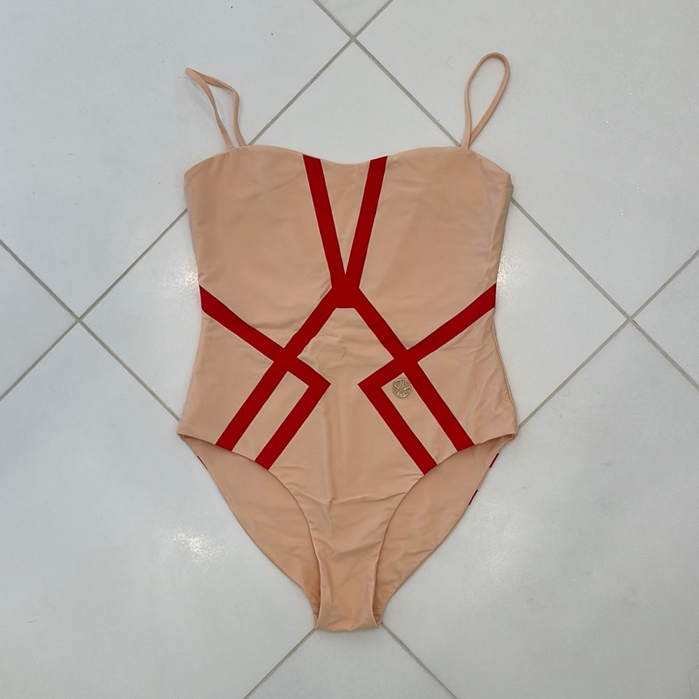 Peach and Red Geometric One Piece Swimsuit
